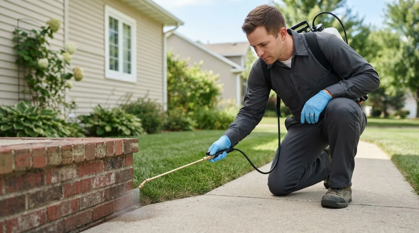 Pest control technician treating a home near Declo, ID